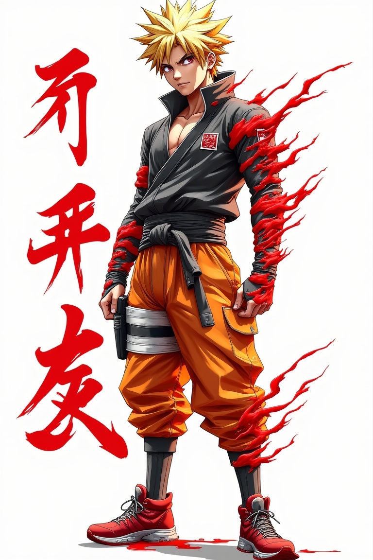 urban_naruto,  fierce anime ninja boy with red blood-like magical seals on his arms and legs,  glowing calligraphy in curs...