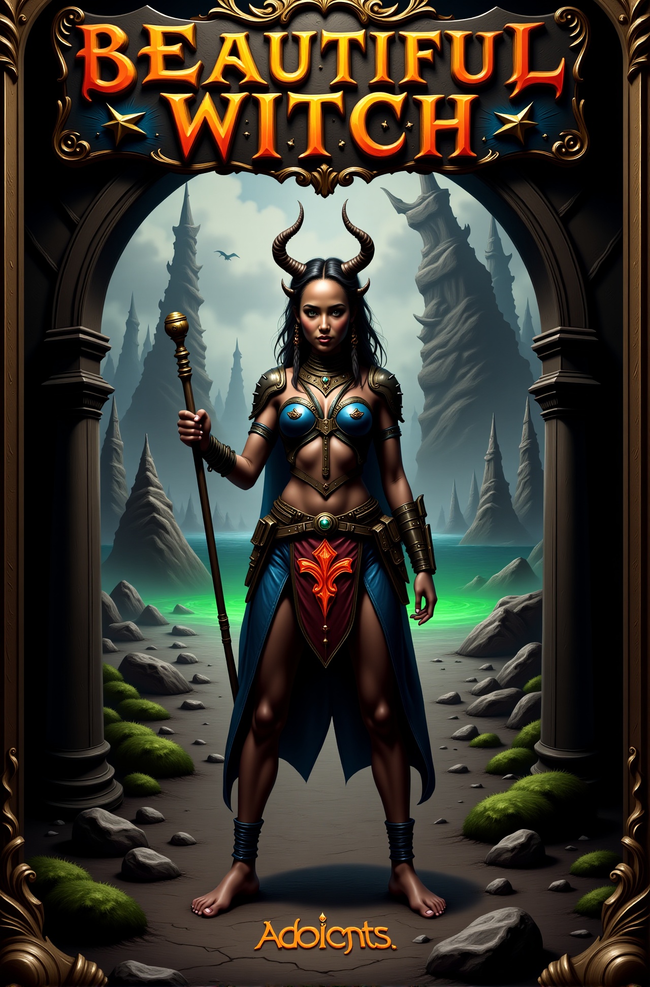 Party poster bold colorful text,  splash banner reads "Beautiful Witch!" Beautiful wasteland witch concept art,  ((tribal...