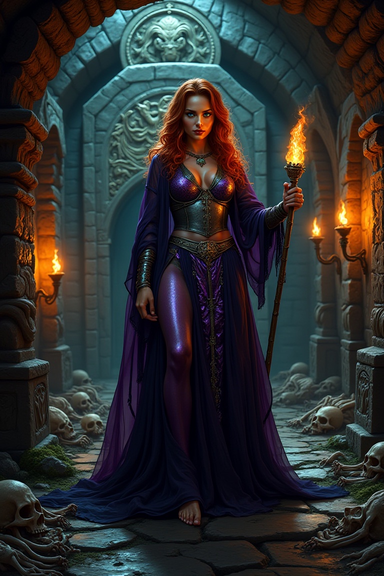 A stunningly beautiful witch,  adorned in a flowing cloak of deep purple hues,  intricately woven with shimmering threads...