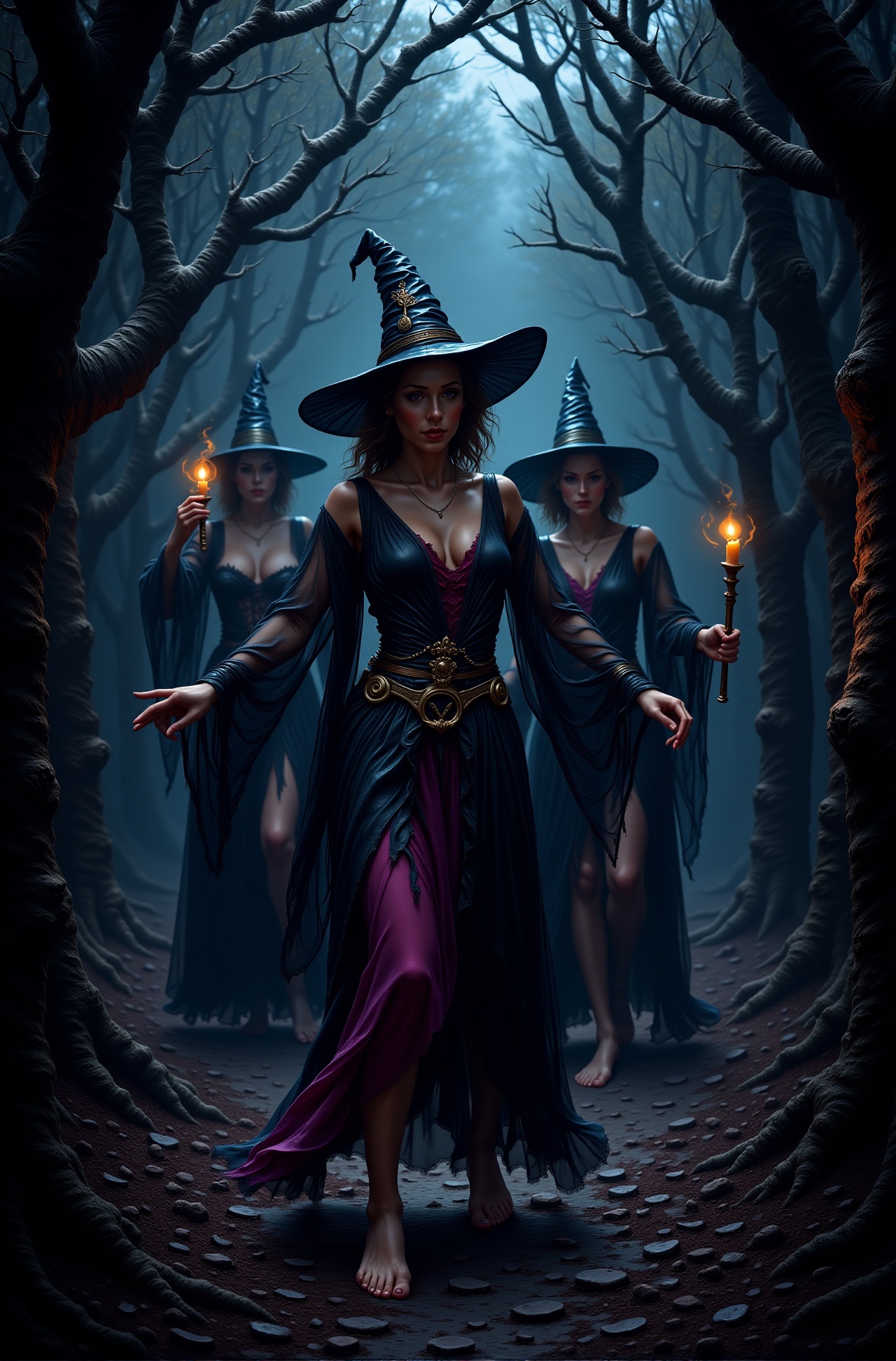 Witches dancing the ballet macabre,  epic fantasy,  grimdark forest scene on Tensor.Art