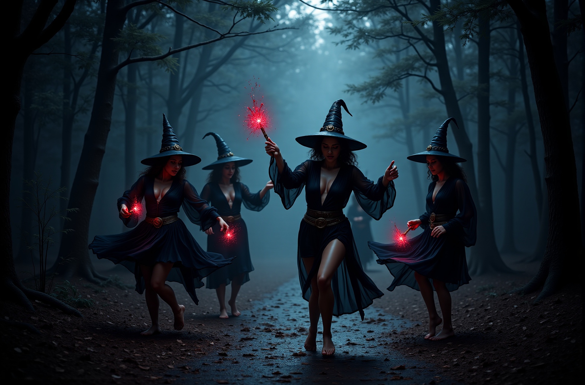 Witches dancing the ballet macabre,  epic fantasy,  grimdark forest scene on Tensor.Art