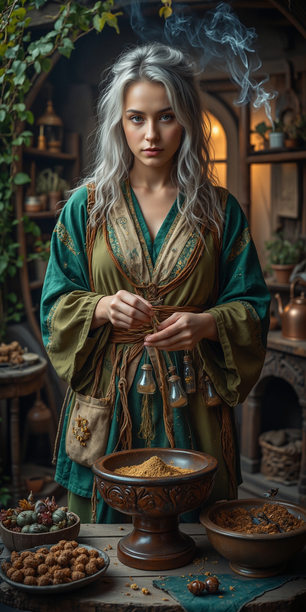 Highly detailed 8k digital photograph,  front view:1.8,  A silver-haired woman in layered green and brown robes on Tensor.Art
