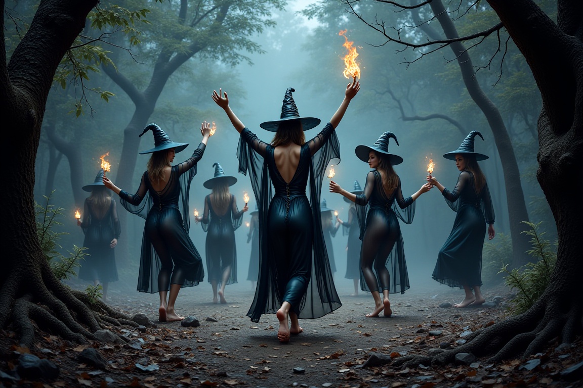 Witches dancing the ballet macabre,  epic fantasy,  grimdark forest scene on Tensor.Art