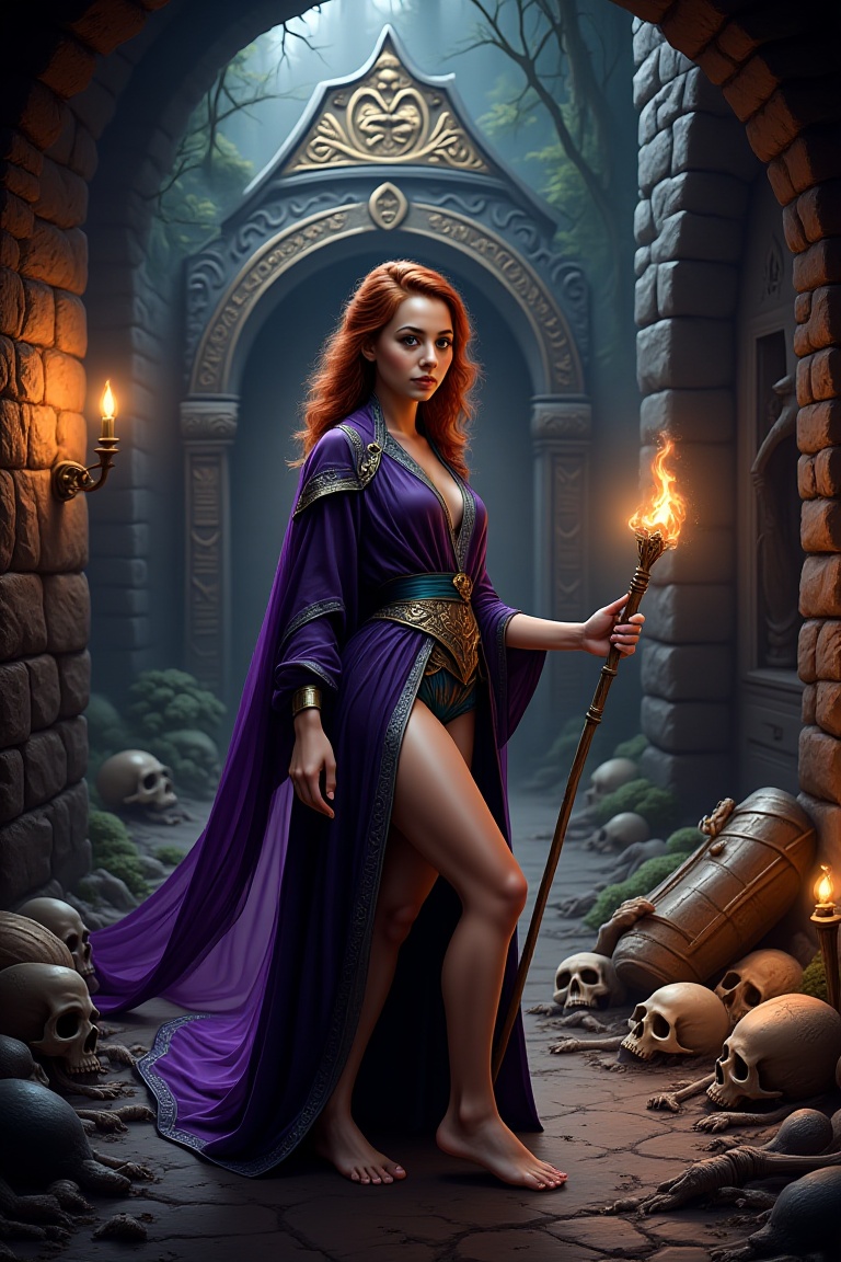 A stunningly beautiful witch,  adorned in a flowing cloak of deep purple hues,  intricately woven with shimmering threads...