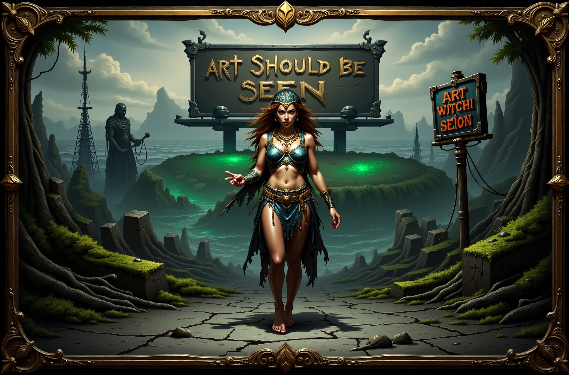 Beautiful Witch concept art,  ((tribal girl)) with bone necklace and scavenged tech armor,  standing barefoot on cracked c...