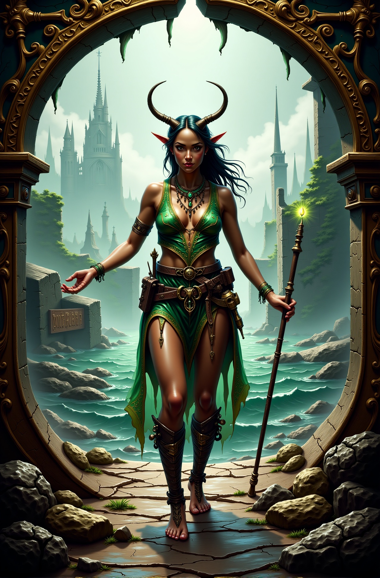 Beautiful Witch concept art,  ((tribal girl)) with bone necklace and scavenged tech armor,  standing barefoot on cracked c...