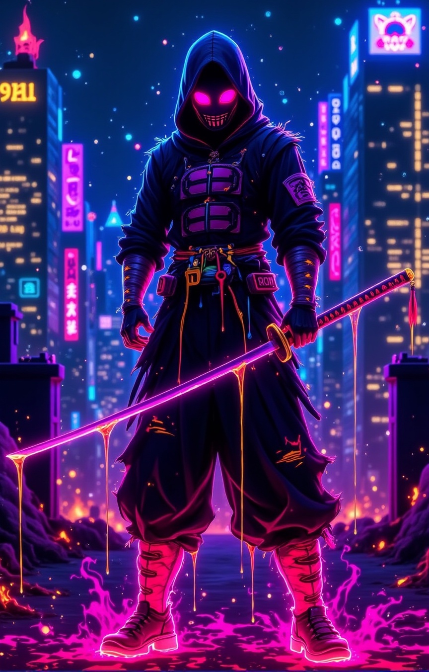 [Masked street samurai],  [unsheathing a glowing katana],  wearing [UV-reactive armor and a ragged coat] on Tensor.Art