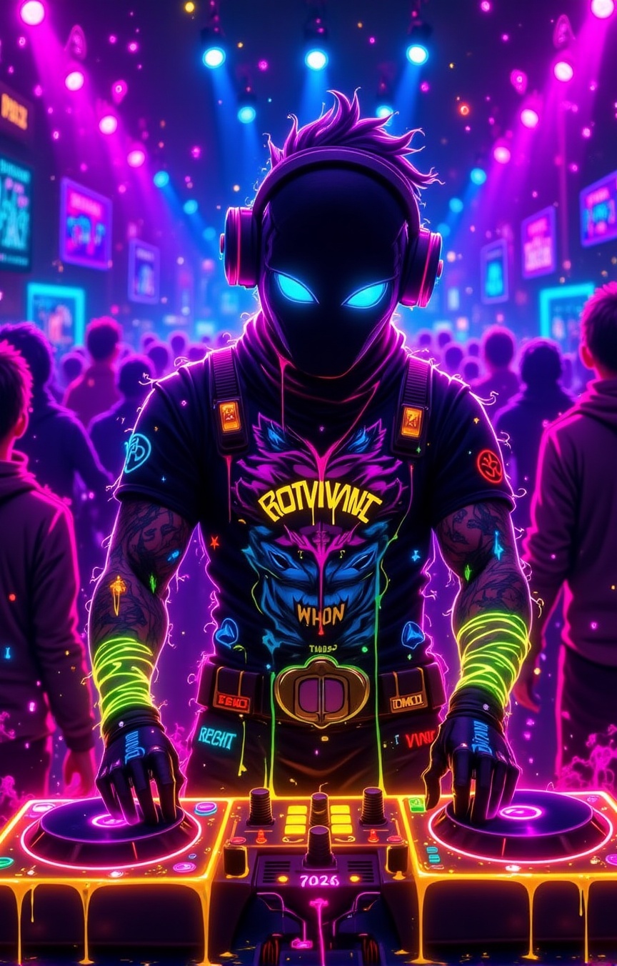 [Tattooed DJ android],  [turning knobs on a glowing synth console],  wearing [a glowing mesh suit with graffiti circuits]...