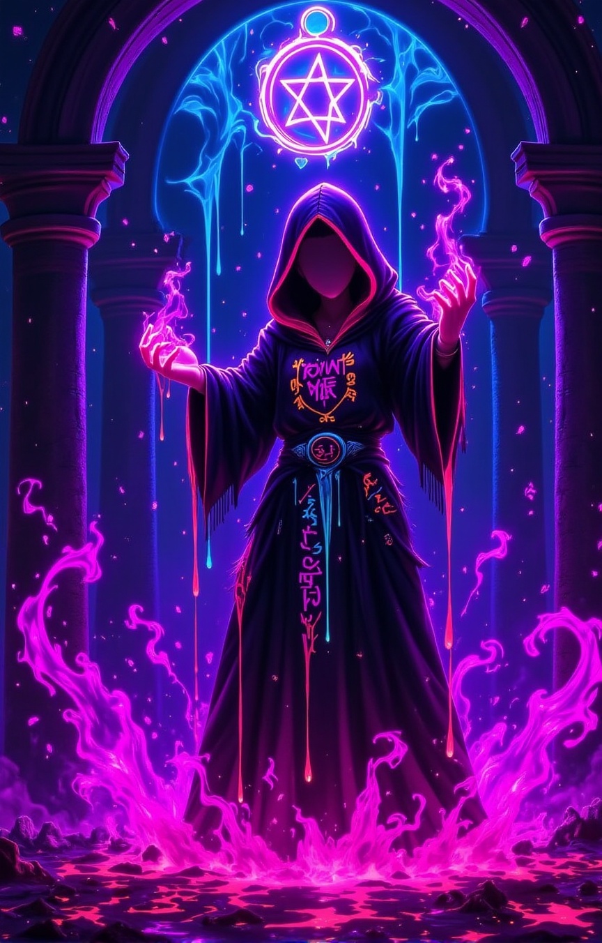 [Cyber witch girl],  [casting a glowing sigil midair],  wearing [a neon-trimmed hooded cloak with magic runes] on Tensor.Art