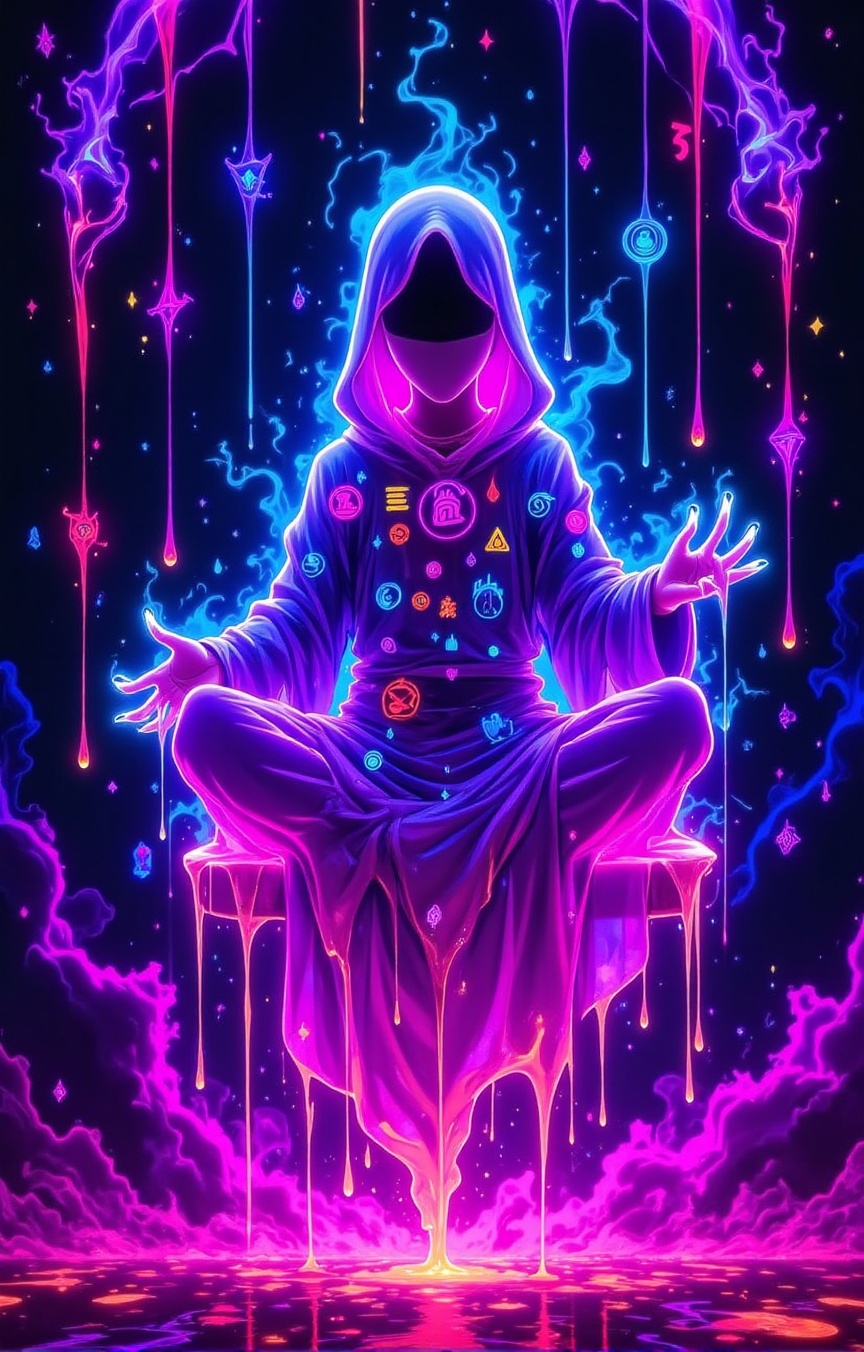 [Neon graffiti spirit],  [floating cross-legged],  wearing [a flowing translucent robe with animated tags] on Tensor.Art