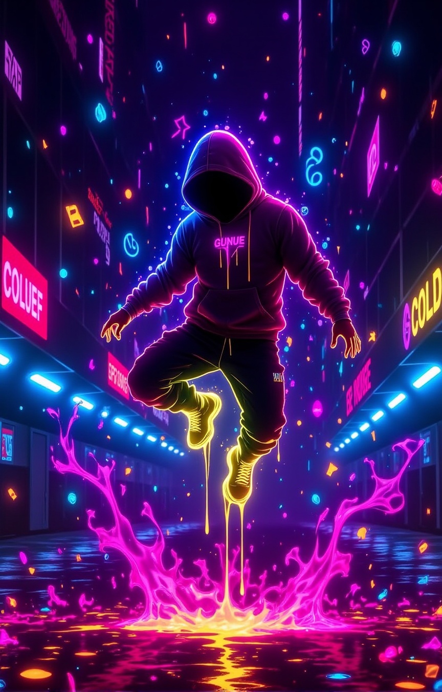 [Cyberpunk dancer boy],  [caught mid-flip in the air],  wearing [a glowing hoodie and techwear pants] on Tensor.Art