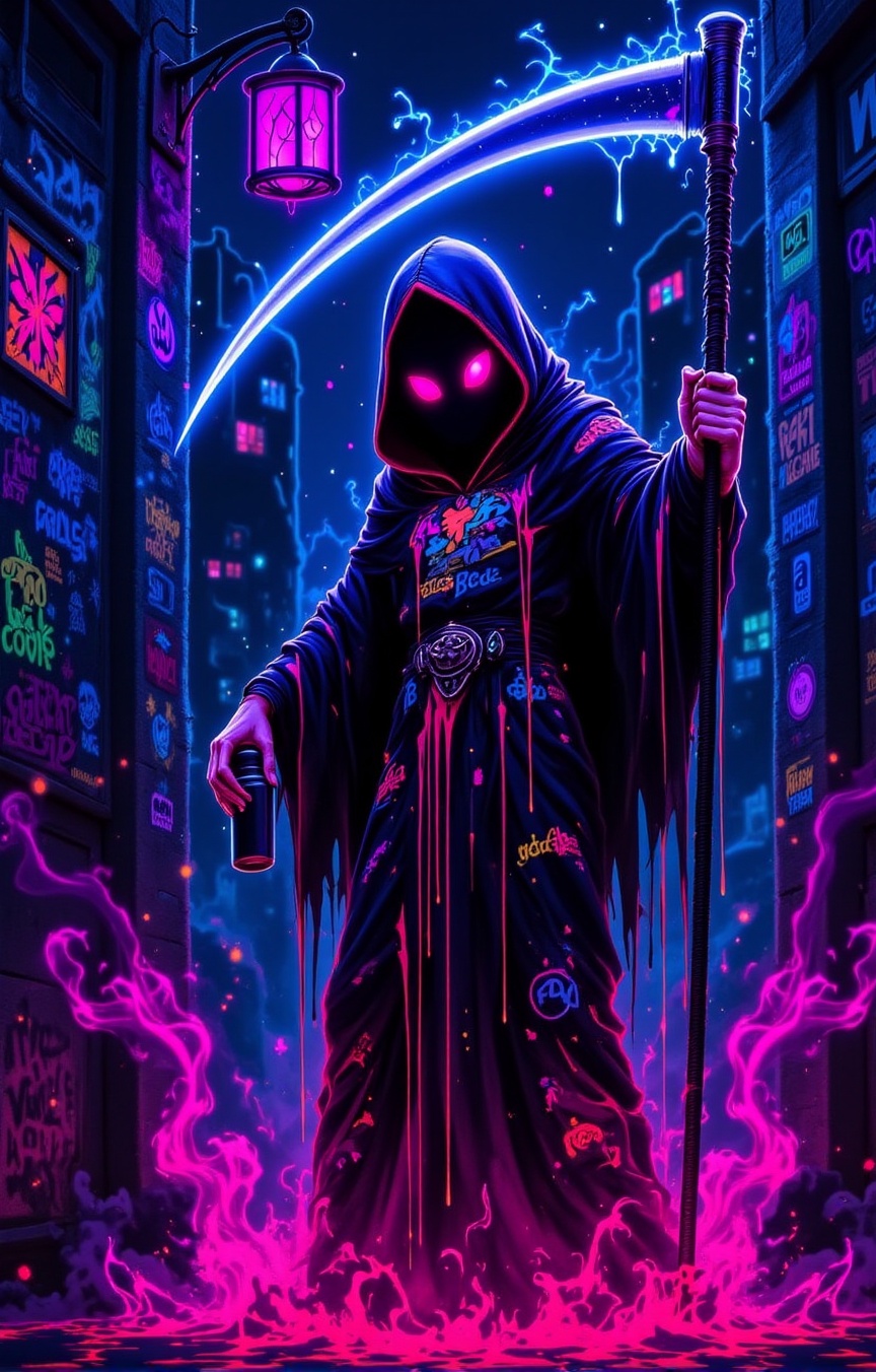 [A hooded reaper girl],  [leaning on a glowing scythe],  wearing [a graffiti-coated cloak with neon tears] on Tensor.Art