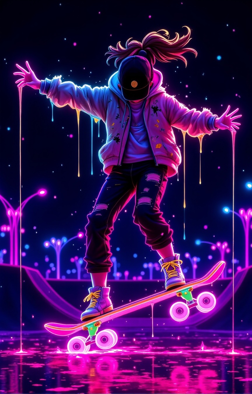 [Skater girl with glowing wheels],  [doing a mid-air trick],  wearing [a torn bomber jacket splattered with UV paint] on T...