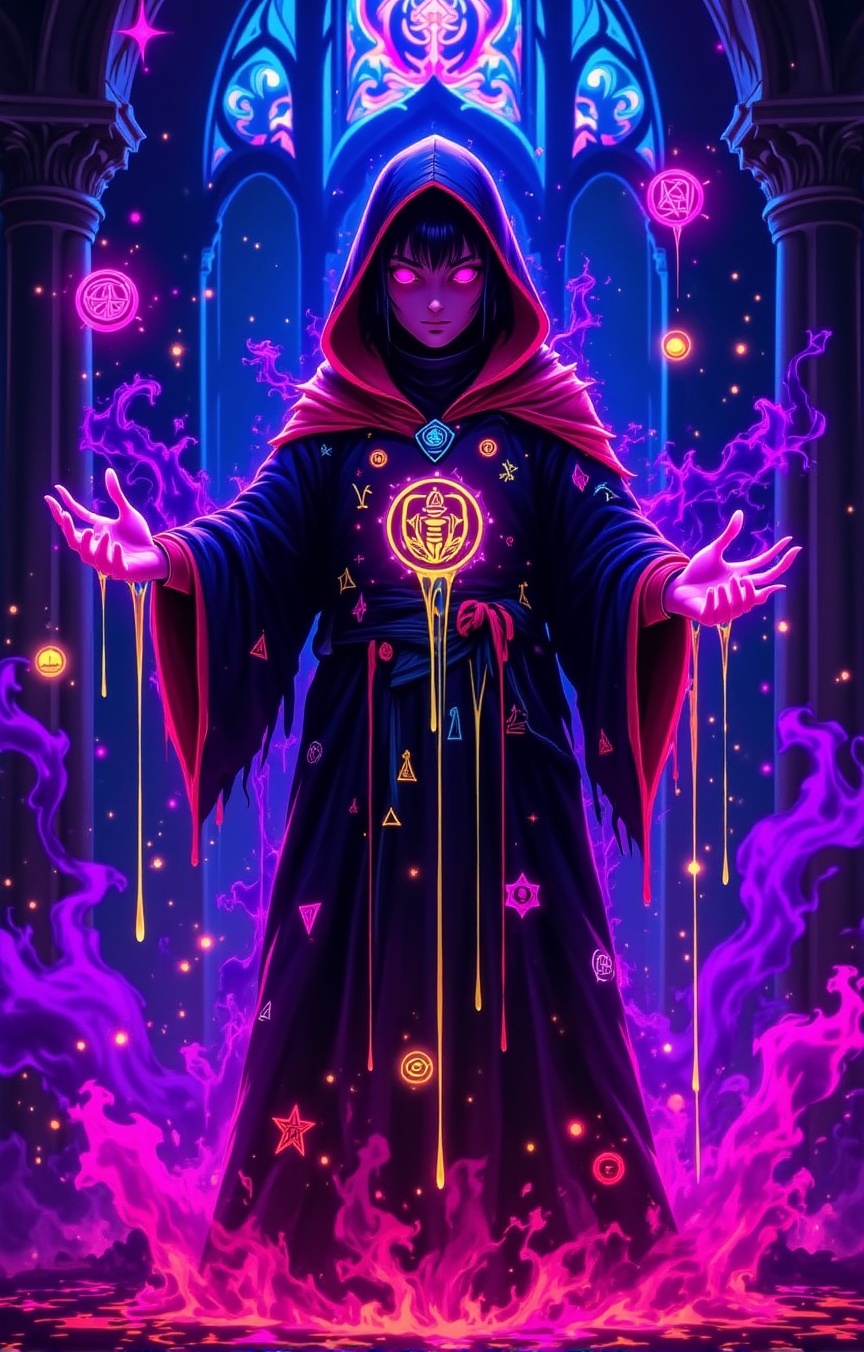 [Cyber witch girl],  [casting a glowing sigil midair],  wearing [a neon-trimmed hooded cloak with magic runes] on Tensor.Art
