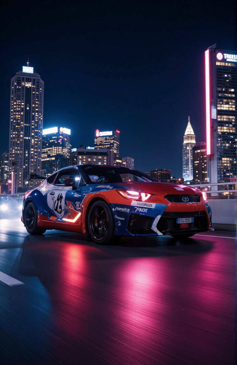racing through the skyline,  abstract colorful analog style with bright neon lights on each corner on dark background styl...