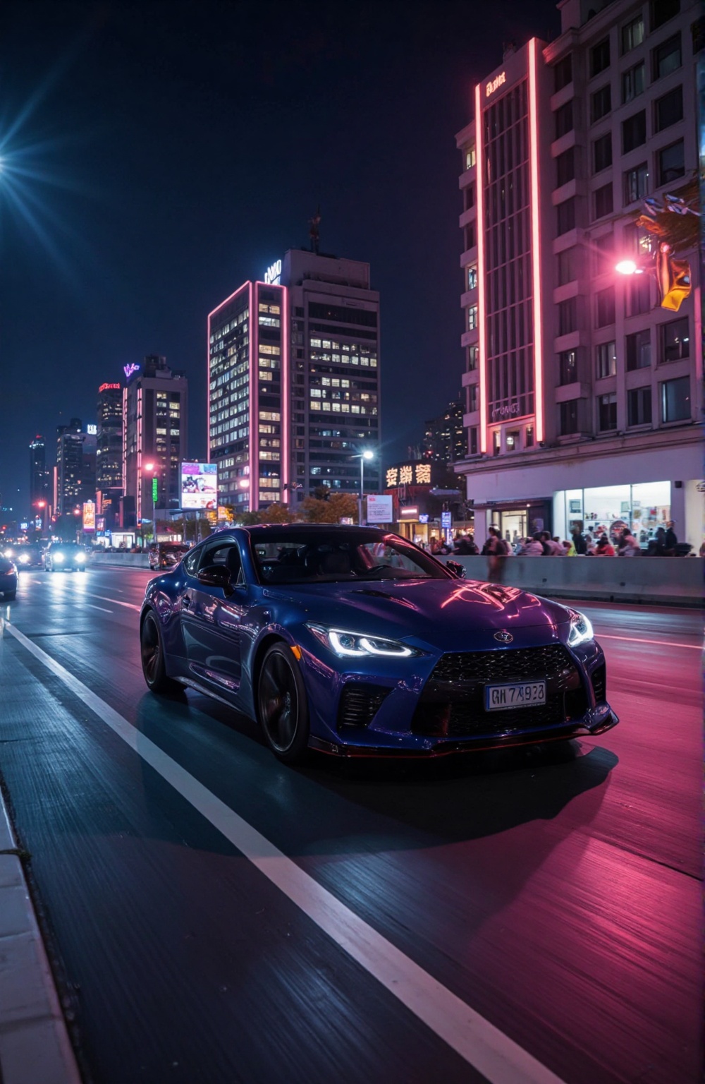 racing through the skyline,  abstract colorful analog style with bright neon lights on each corner on dark background styl...