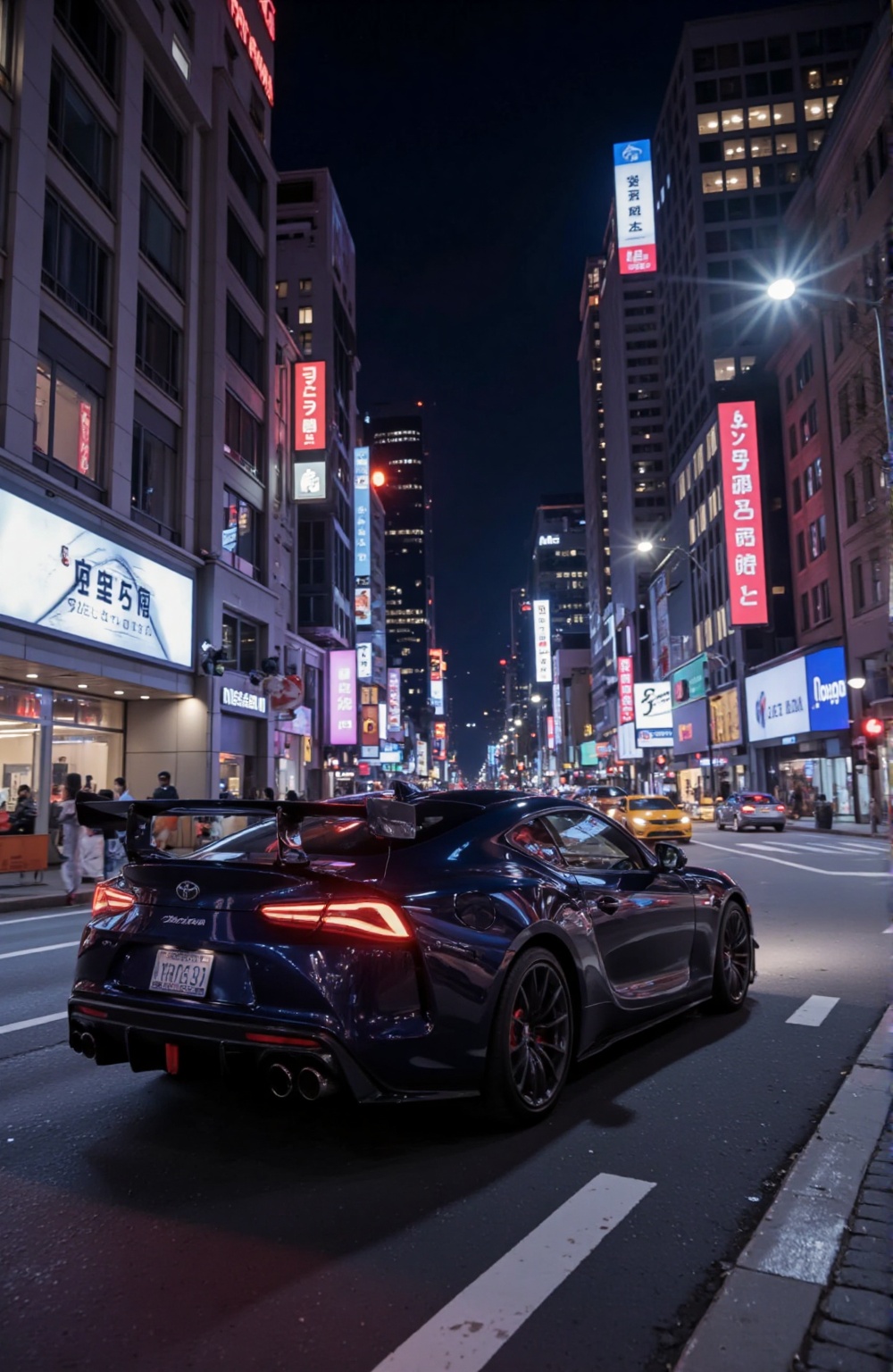 racing through the skyline,  abstract colorful analog style with bright neon lights on each corner on dark background styl...