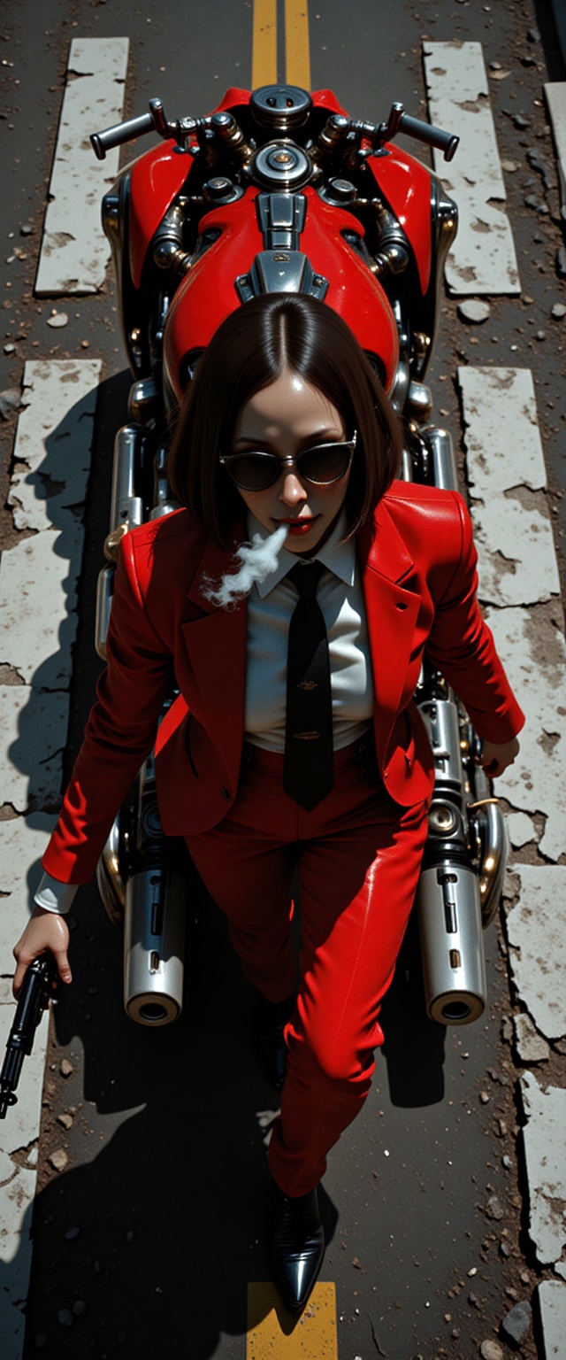 Overhead shot of woman walking away from a futuristic motorcycle parked at a zebra crossing. The woman has bob hair,  is s...
