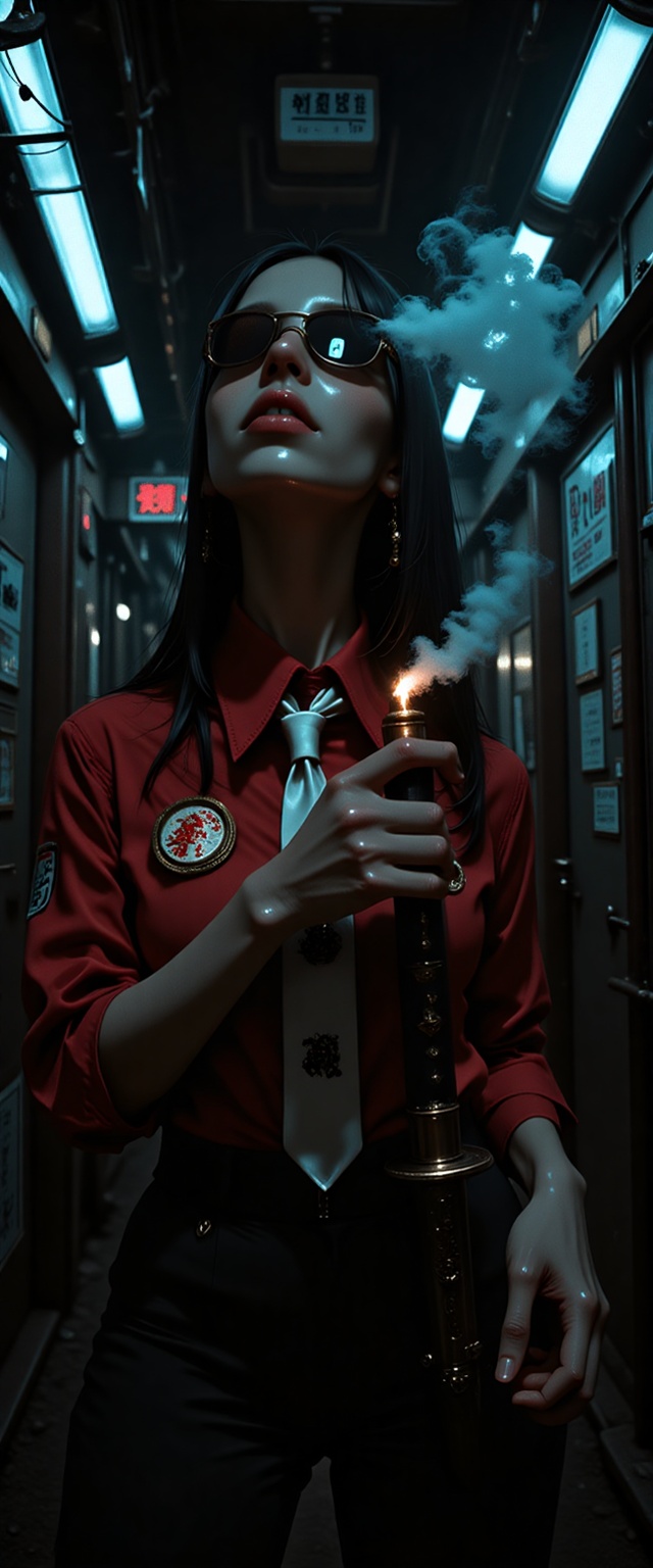 In a dimly lit alleyway,  a yakuza girl with long,  black hair and a crimson braid stands solo on Tensor.Art