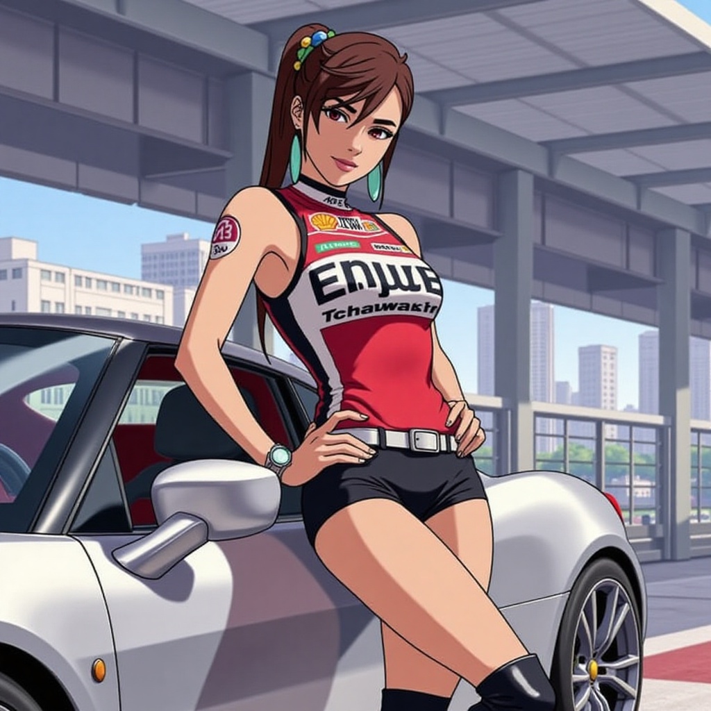 ayase momo,  anime style,  leaning on the car on Tensor.Art
