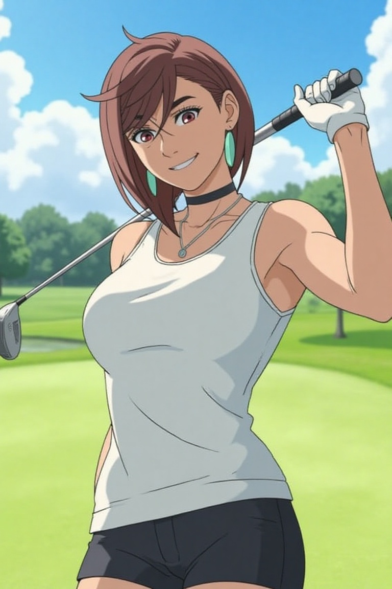 Anime of Ayase Momo,  playing golf in a golf course,  smile on Tensor.Art