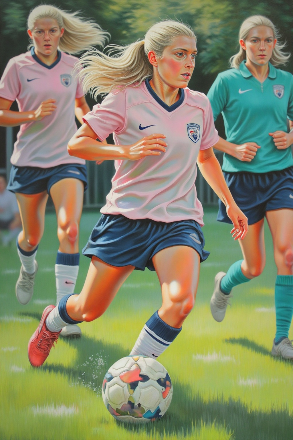 martinejohanna1 painting. Closeup of a blonde young female soccer player running with the ball in a soccer field. Her hair...