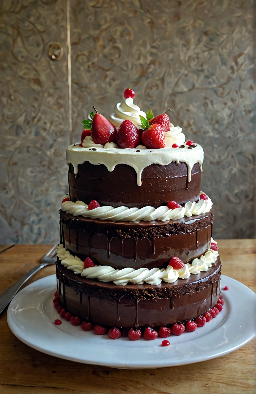 A close-up shot of a decadent chocolate cheese cake slice with four layers of rich chocolate sponge and creamy chocolate f...