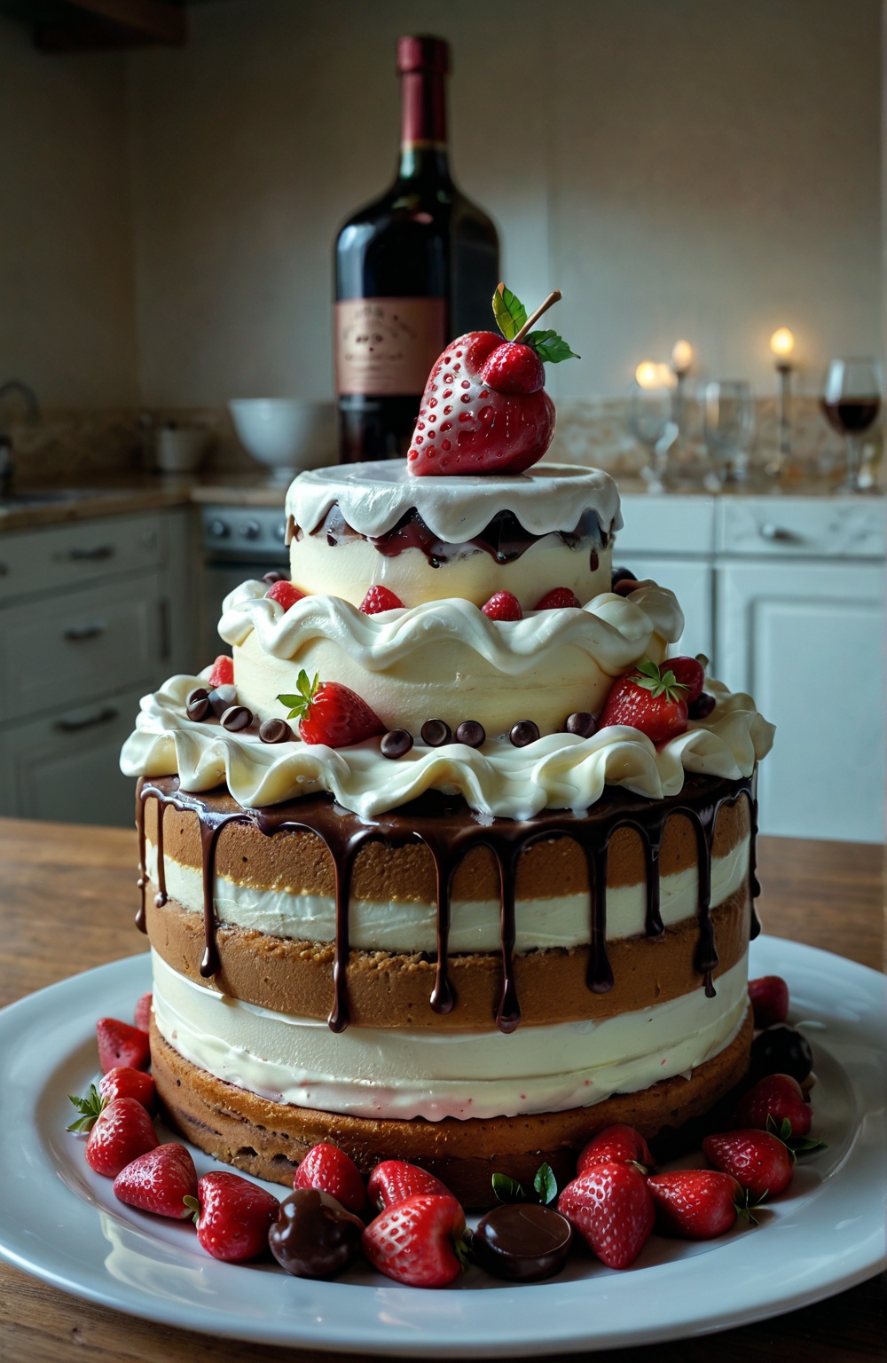 A close-up shot of a decadent chocolate cheese cake slice with four layers of rich chocolate sponge and creamy chocolate f...
