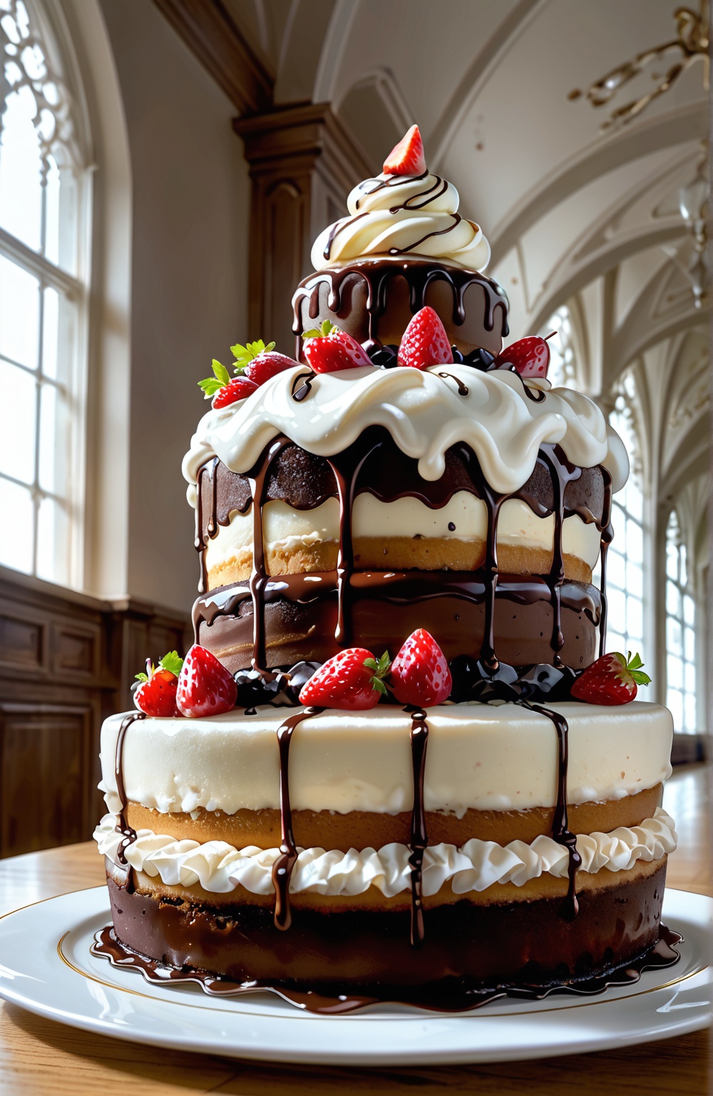 A close-up shot of a decadent chocolate cheese cake slice with four layers of rich chocolate sponge and creamy chocolate f...