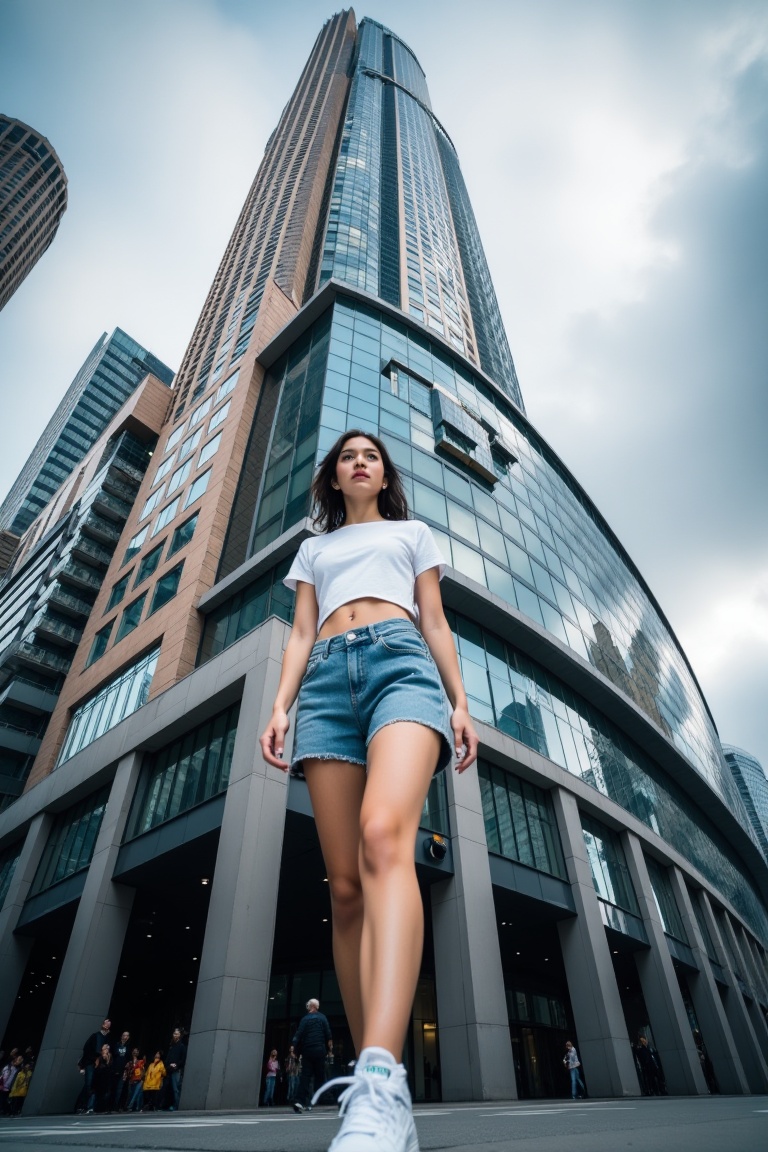 ultrawide-portrait-style,  full body of a confident young woman in white crop top and denim shorts,  walking in front of a...