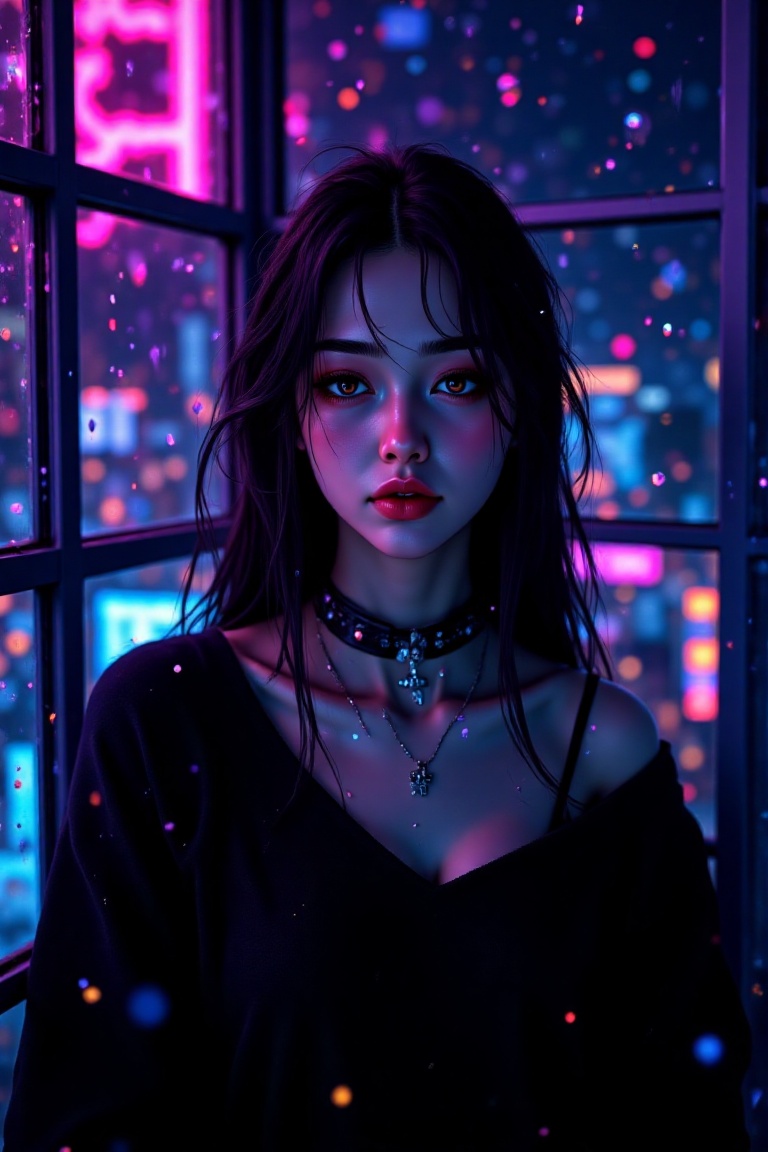 A semi-realism anime-style digital portrait of a melancholic young woman sitting by a rain-covered window at night. Her lo...