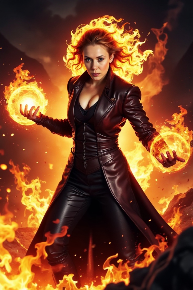 flamefx-style,  scarletenchantress_style,  a fierce woman with flaming hair and glowing fireball in hand on Tensor.Art