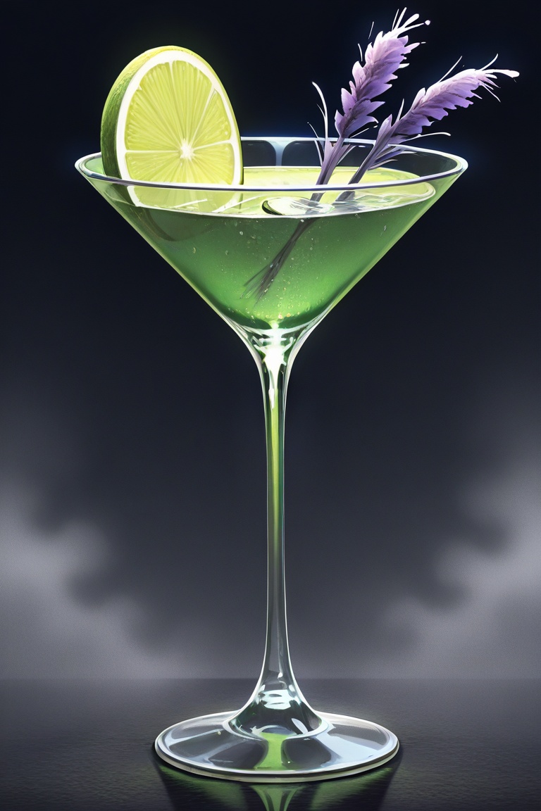A green cocktail in a classic martini glass glitters softly on the dark surface. Its rim is decorated with a slice of lime...