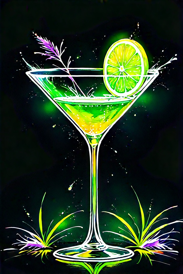 A green cocktail in a classic martini glass glitters softly on the dark surface. Its rim is decorated with a slice of lime...