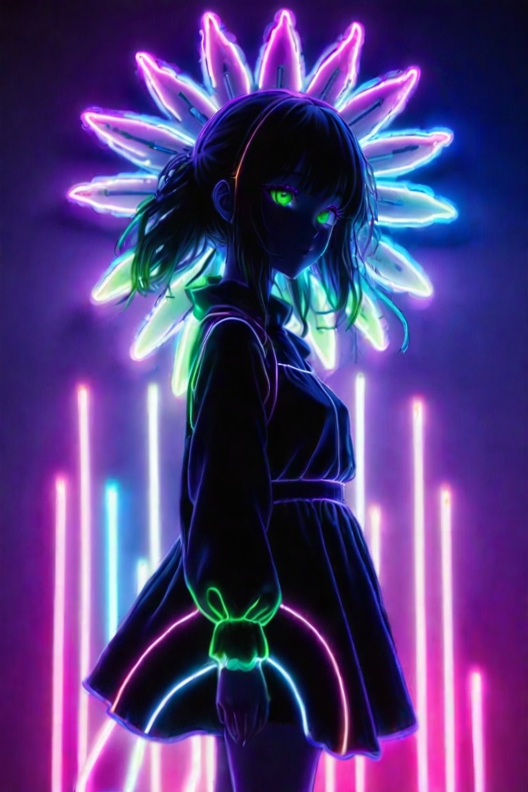 Silhouette of an anime girl painted with glowing neon lines. She stands on a large daisy,  which is also painted with neon...