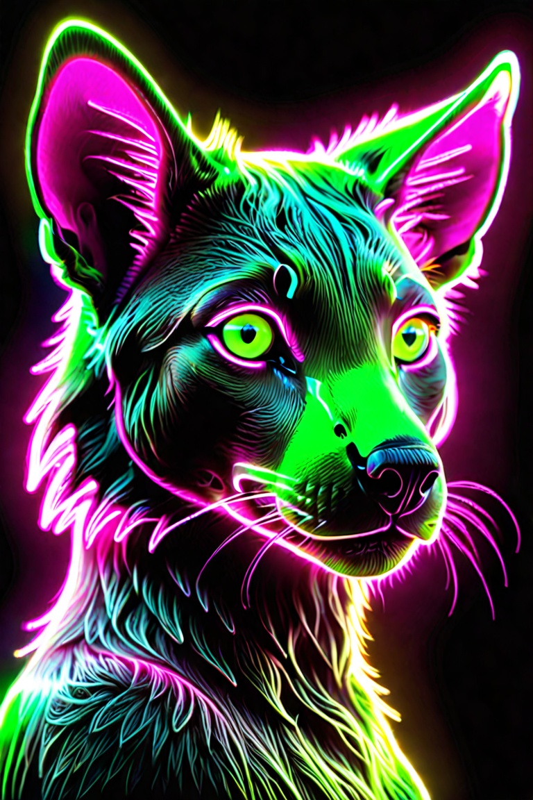 The illustration shows a stylized head of a glowing neon animal. Her eyes and ears are highlighted. The silhouette of the...