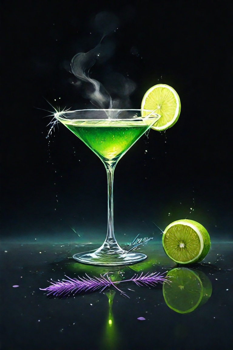 A green cocktail in a classic martini glass glitters softly on the dark surface. Its rim is decorated with a slice of lime...