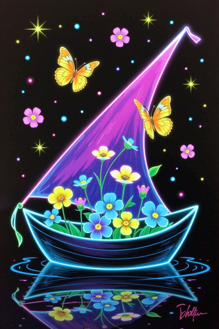 A transparent boat sail filled with forget-me-nots in various colors,  softly highlighted. Pearl butterflies emerge from t...