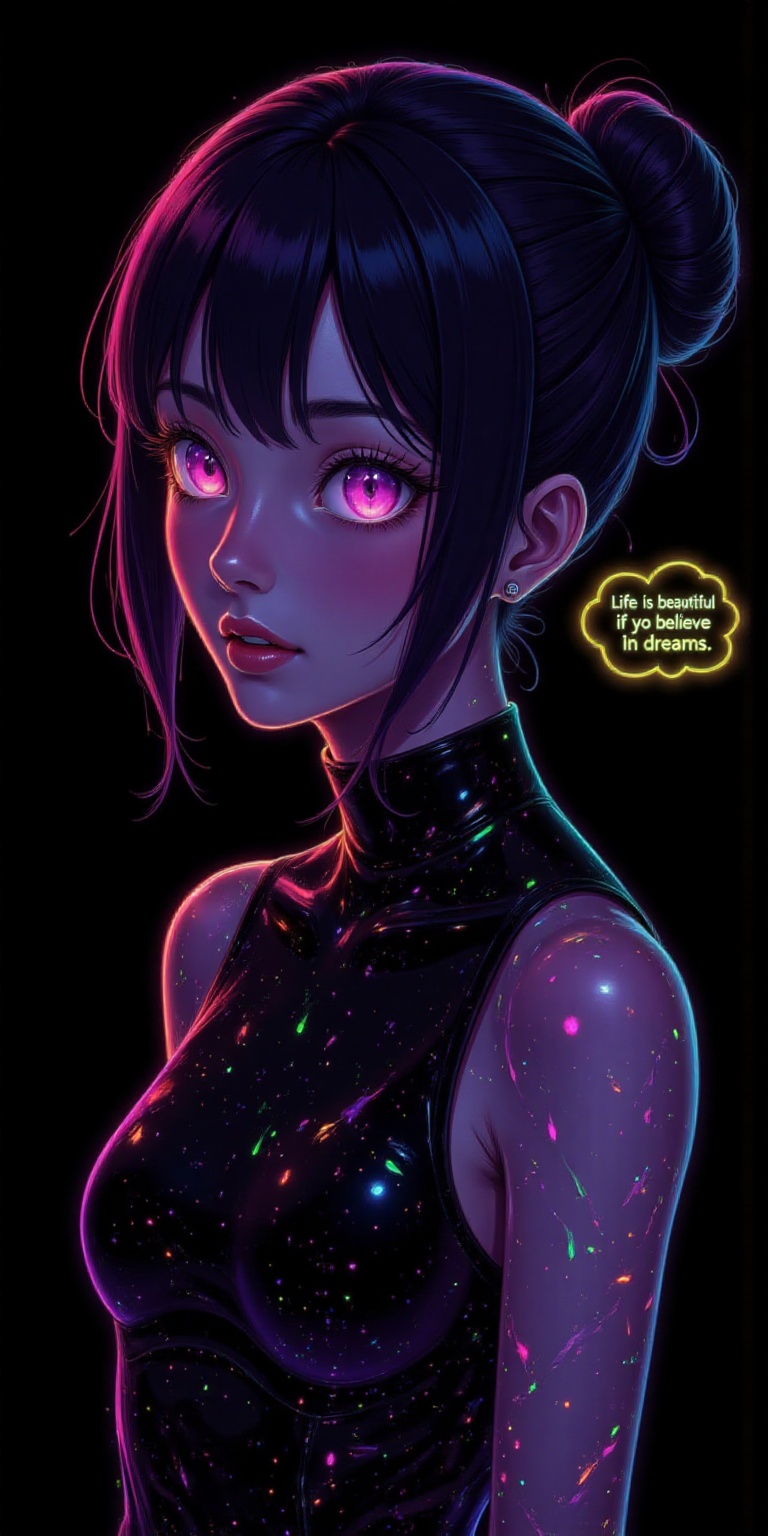 Super detailed anime,  top quality. The picture shows a woman,  her dress framed by iridescent transparent crystals on Ten...