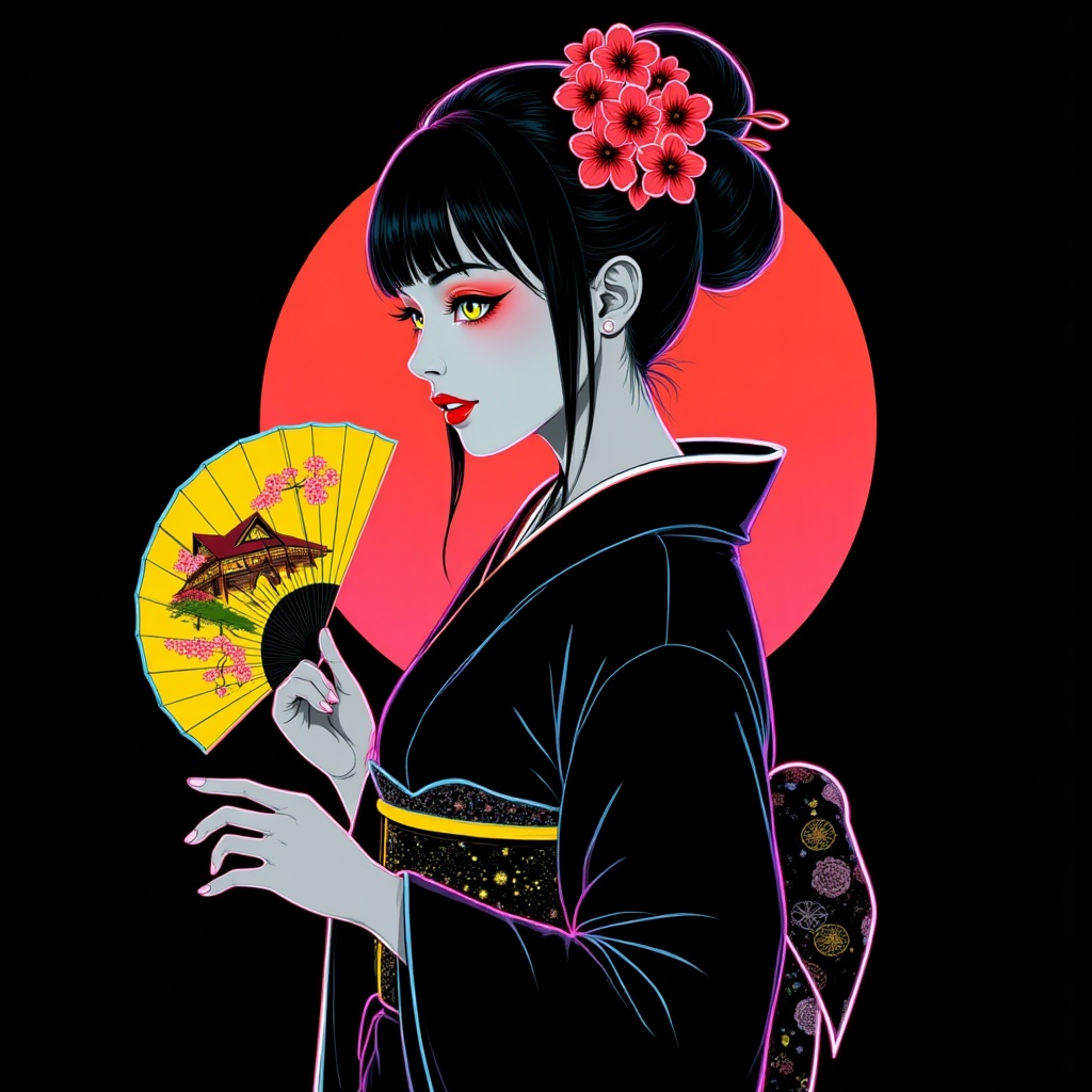 In this illustration,  we see a sophisticated Japanese geisha in a traditional black kimono. Her silhouette is outlined by...