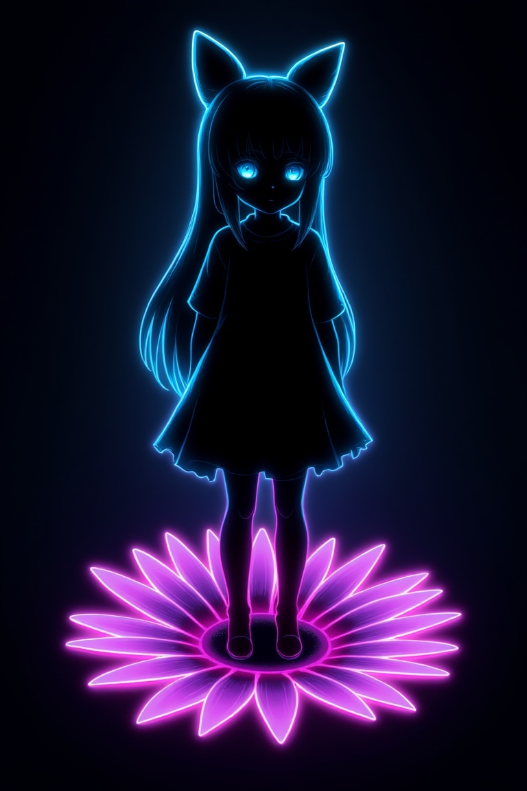 The silhouette of a girl from anime,  drawn with glowing neon lines. She stands in the center on a large daisy,  which is...