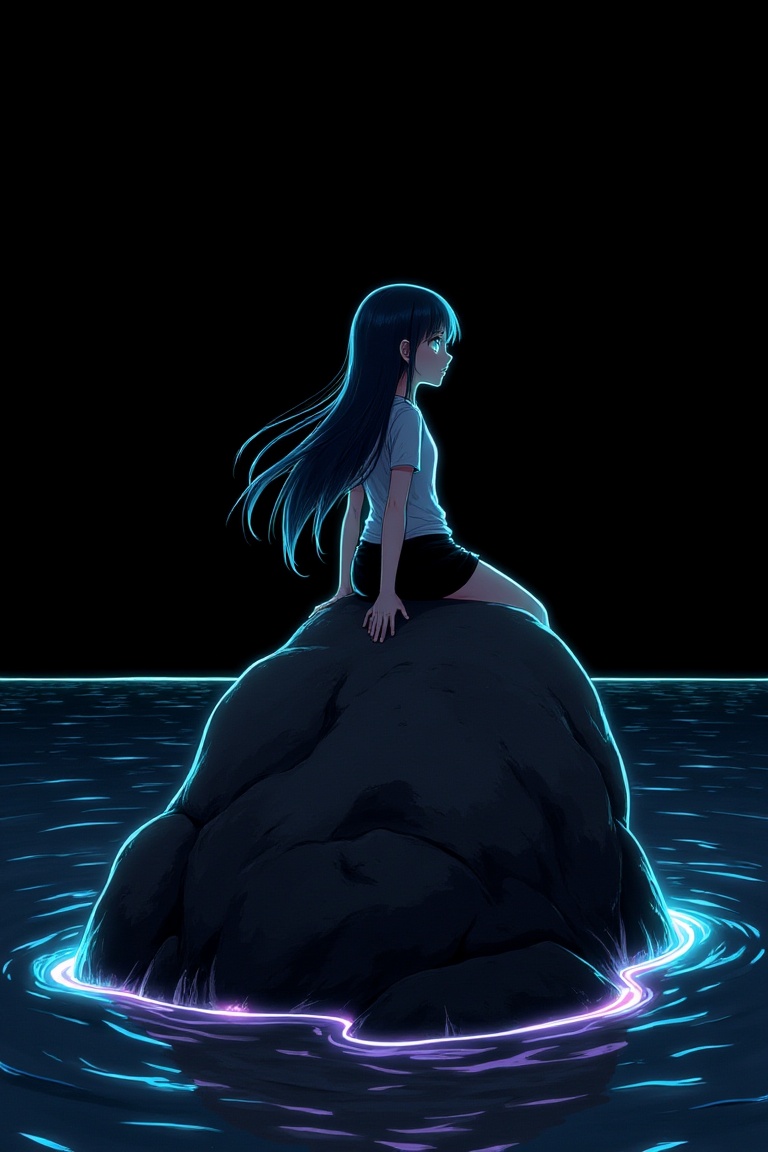 Anime girl sketch sitting on a large seaside rock,  black background,  glowing neon lines on Tensor.Art