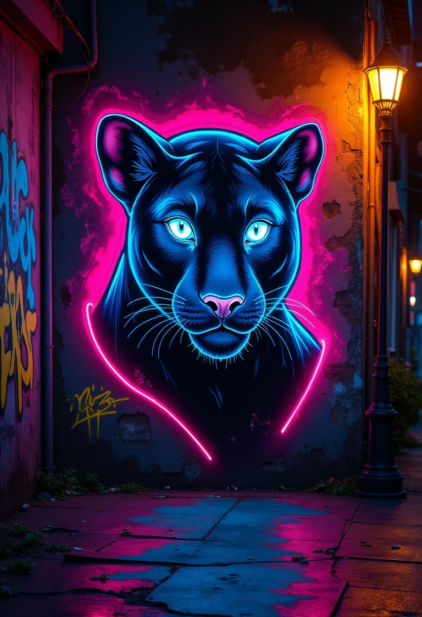 A neon graffiti mural of a panther sprayed on a concrete alley wall with Raspberry and blue paint,  glowing accents,  laye...