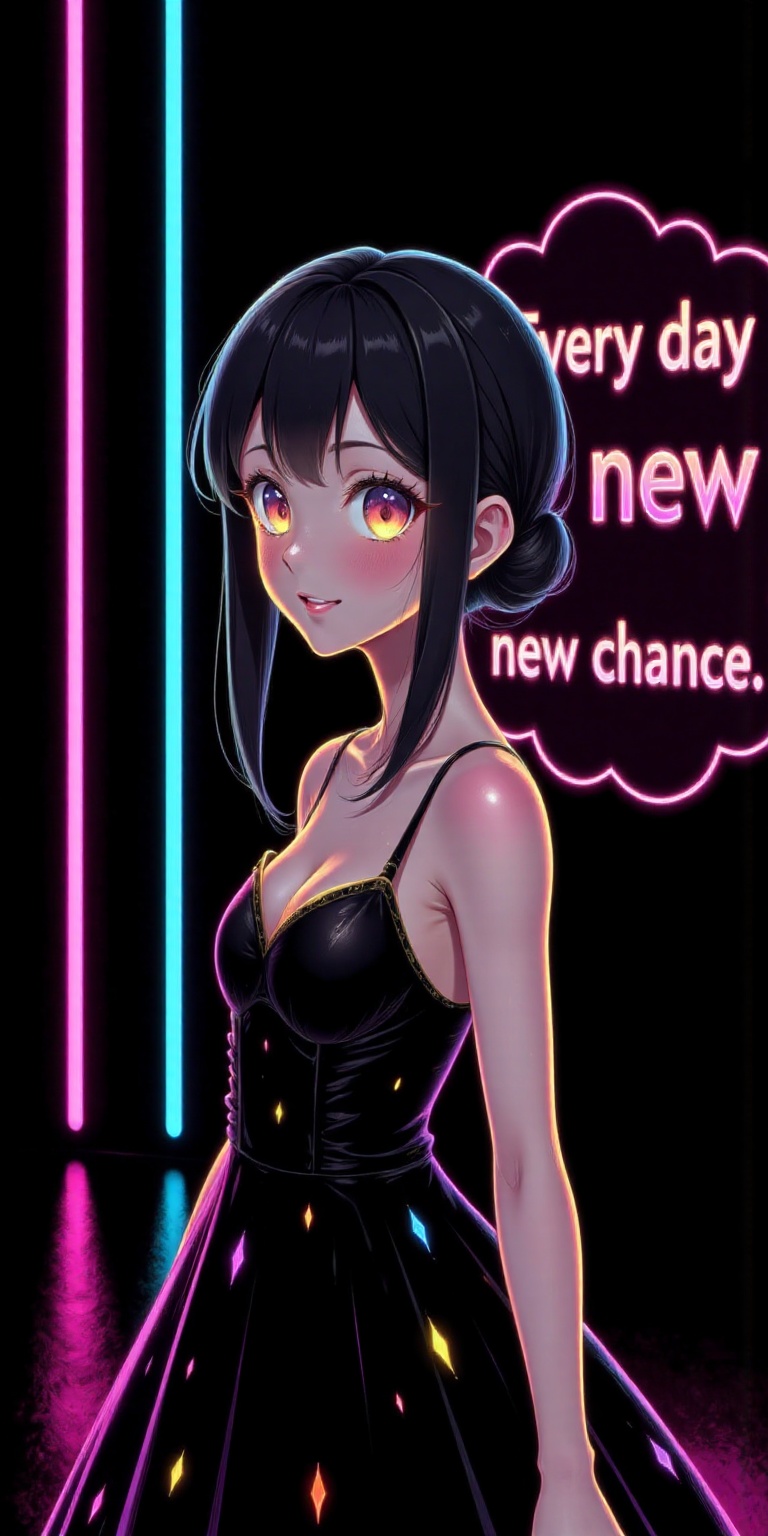 Super detailed anime,  top quality. The picture shows a woman,  her dress framed by iridescent transparent crystals on Ten...