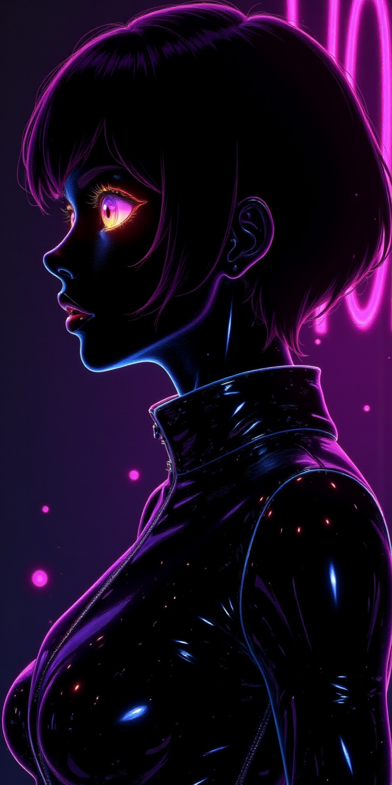 Super detailed anime,  top quality. The picture shows a woman in profile,  her body framed by iridescent transparent cryst...