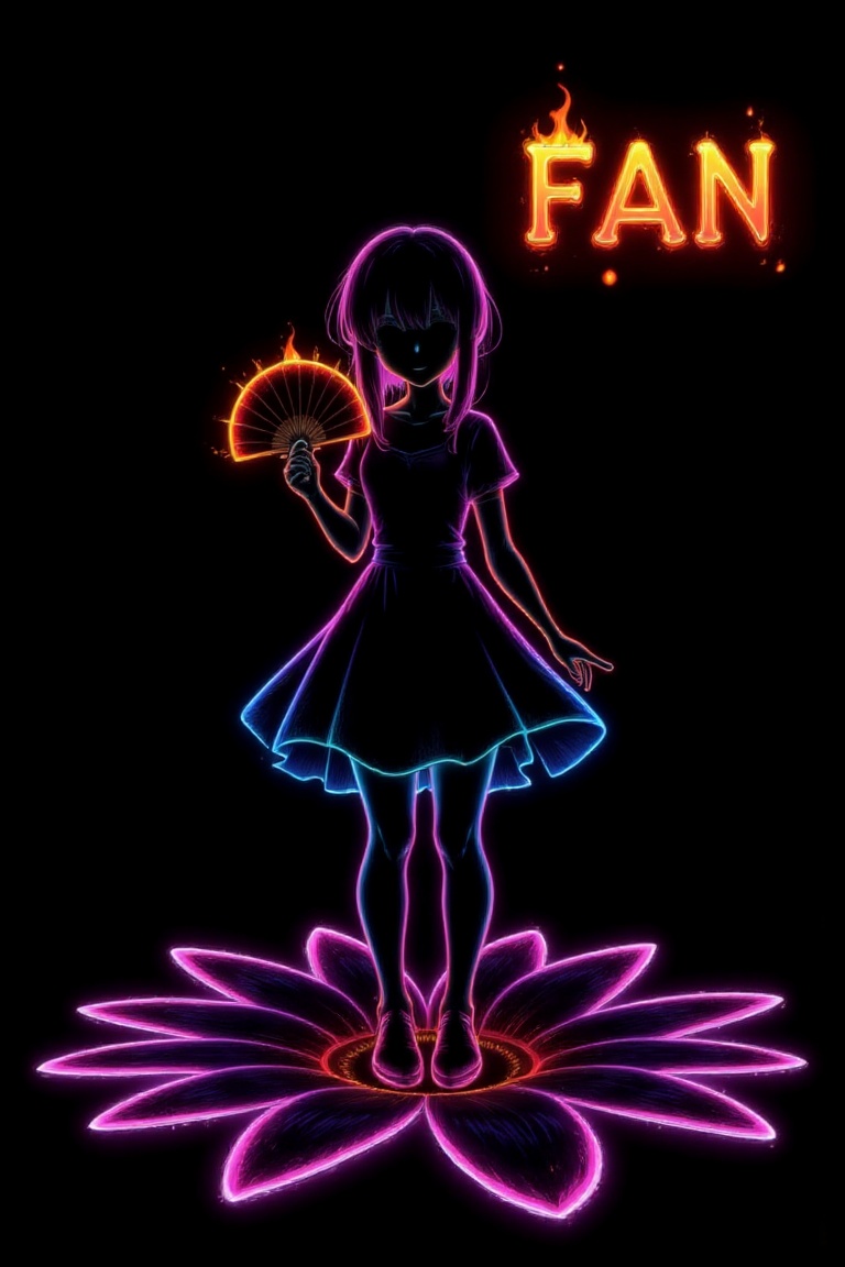 The silhouette of a girl from anime,  drawn with glowing neon lines. She stands in the center on a large daisy,  which is...