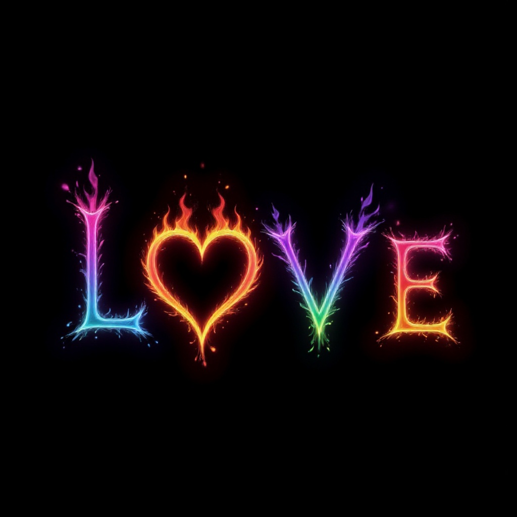 The visualization shows a word,  made in the form of a fiery neon inscription using polychromatic light elements. The lett...
