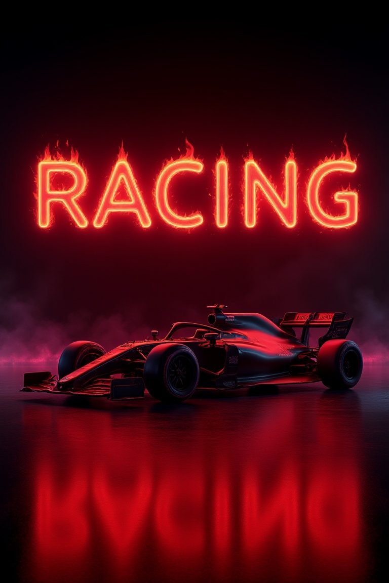 The red fiery neon text above the car with the inscription "F1 Racing" is a modern sports car in a neon red and black colo...