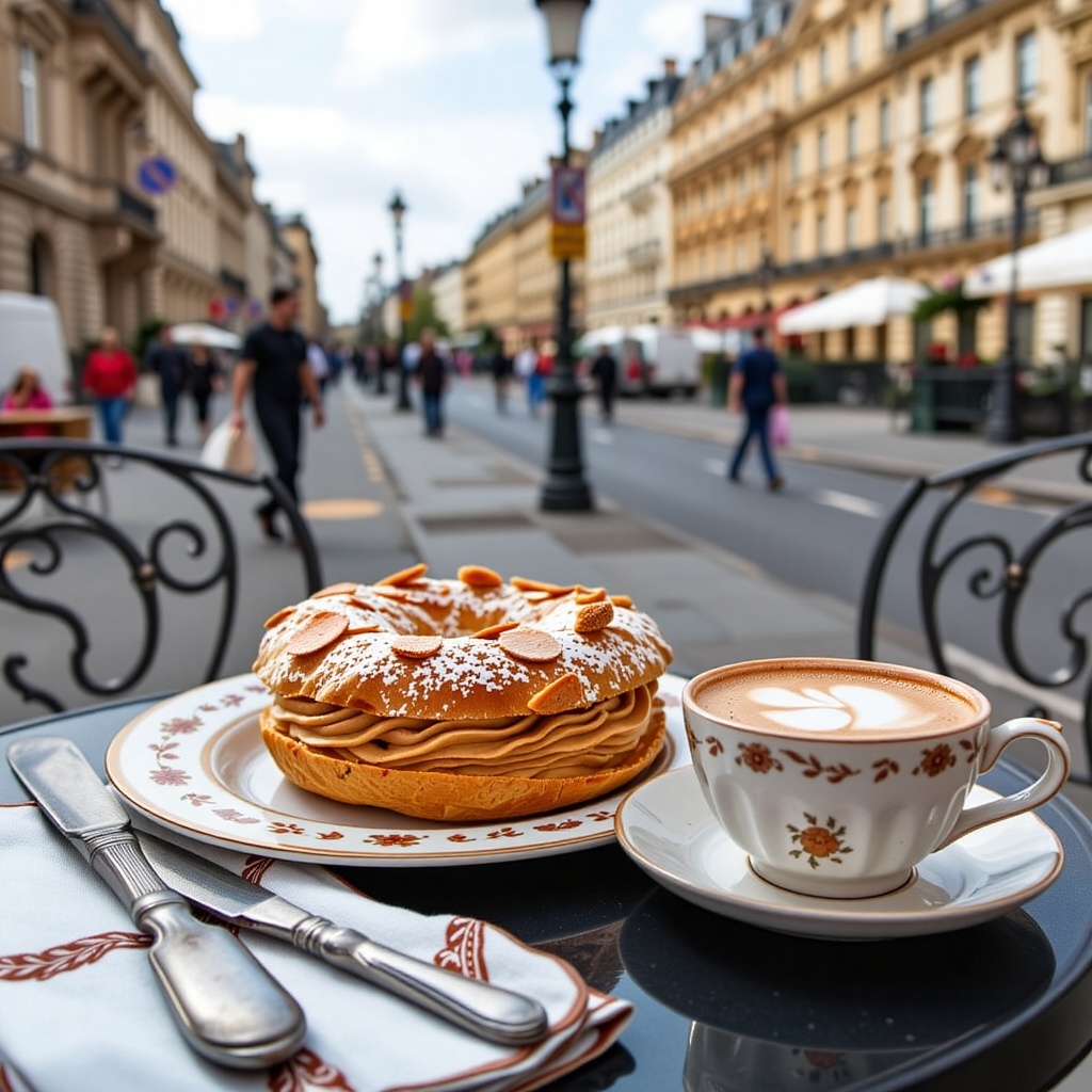 A hyper-realistic cinematic photo of a freshly made Paris-Brest pastry elegantly placed on a white porcelain plate with in...