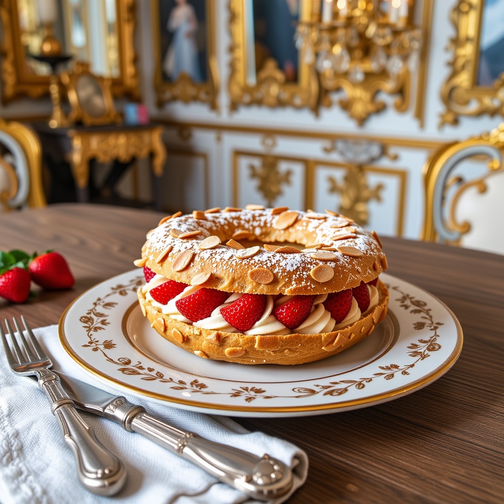 A hyper-realistic cinematic photo of a freshly made Paris-Brest pastry elegantly placed on a white porcelain plate with in...